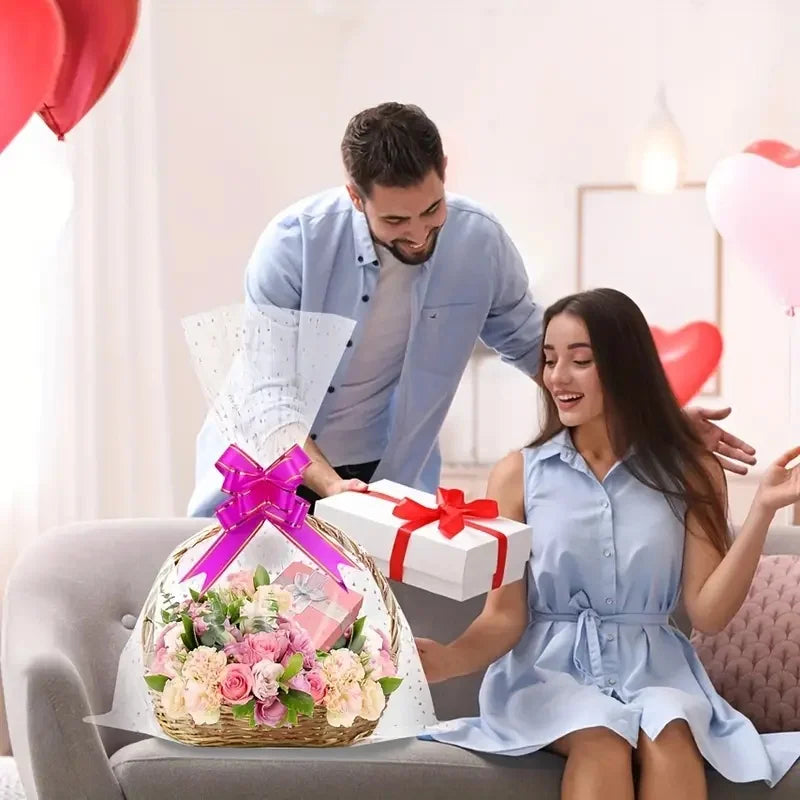 Heart Print Cellophane Gift Bags – Decorative Ribbon Pouches for Wedding Favors