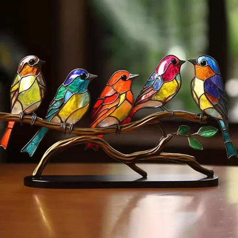 Stained Acrylic Bird Statue – Colorful 2D Branch Ornament for Home Decor