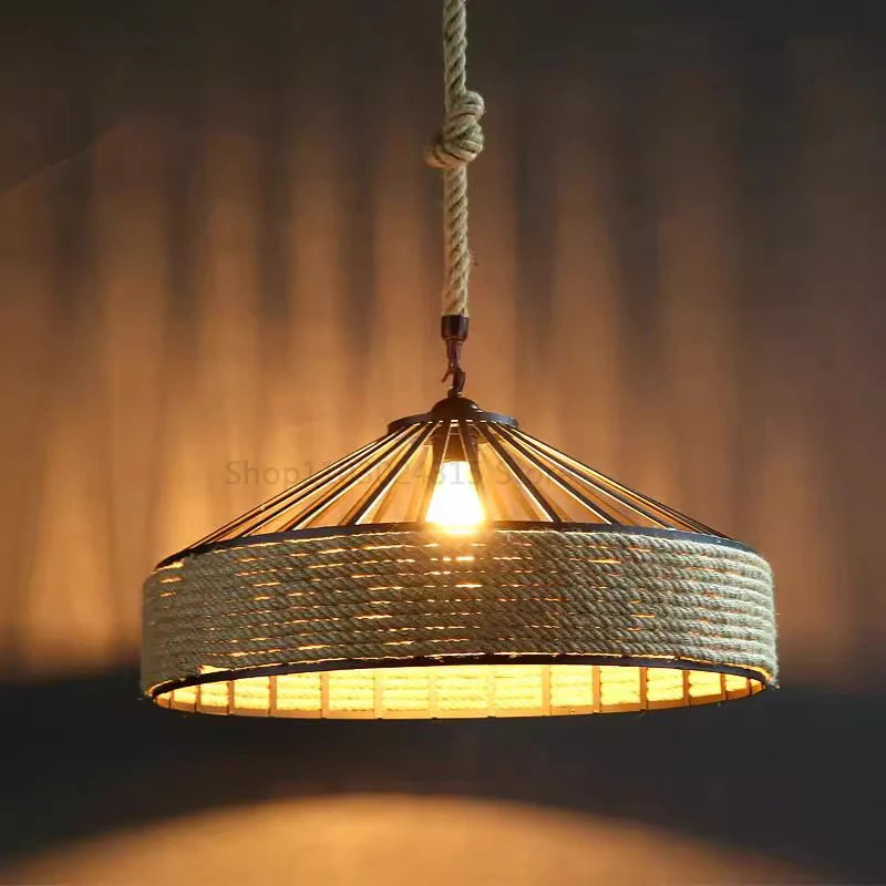 Industrial Hemp Rope Pendant Lamp – Antique Iron Chandelier for Dining Room