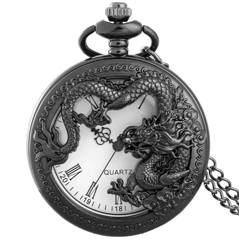 Vintage Hollow Chinese Dragon Pocket Watch – Roman Numeral Necklace Gift
