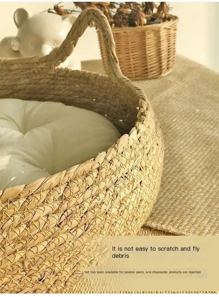 Handmade Woven Vine Cat Bed – Washable Seasonal Pet Nest for Winter Comfort