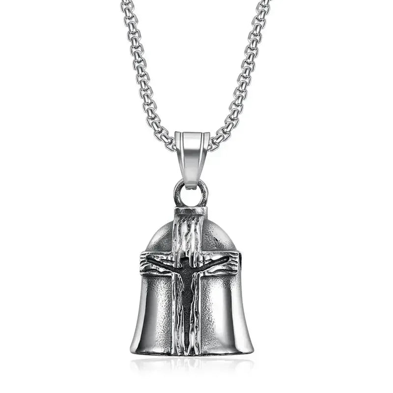 Vintage Jesus Cross Bell Pendant – Religious Biker Necklace for Men