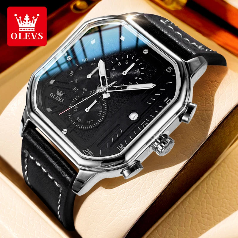 Square Leather Chronograph Watch – Waterproof Quartz Timepiece for Men