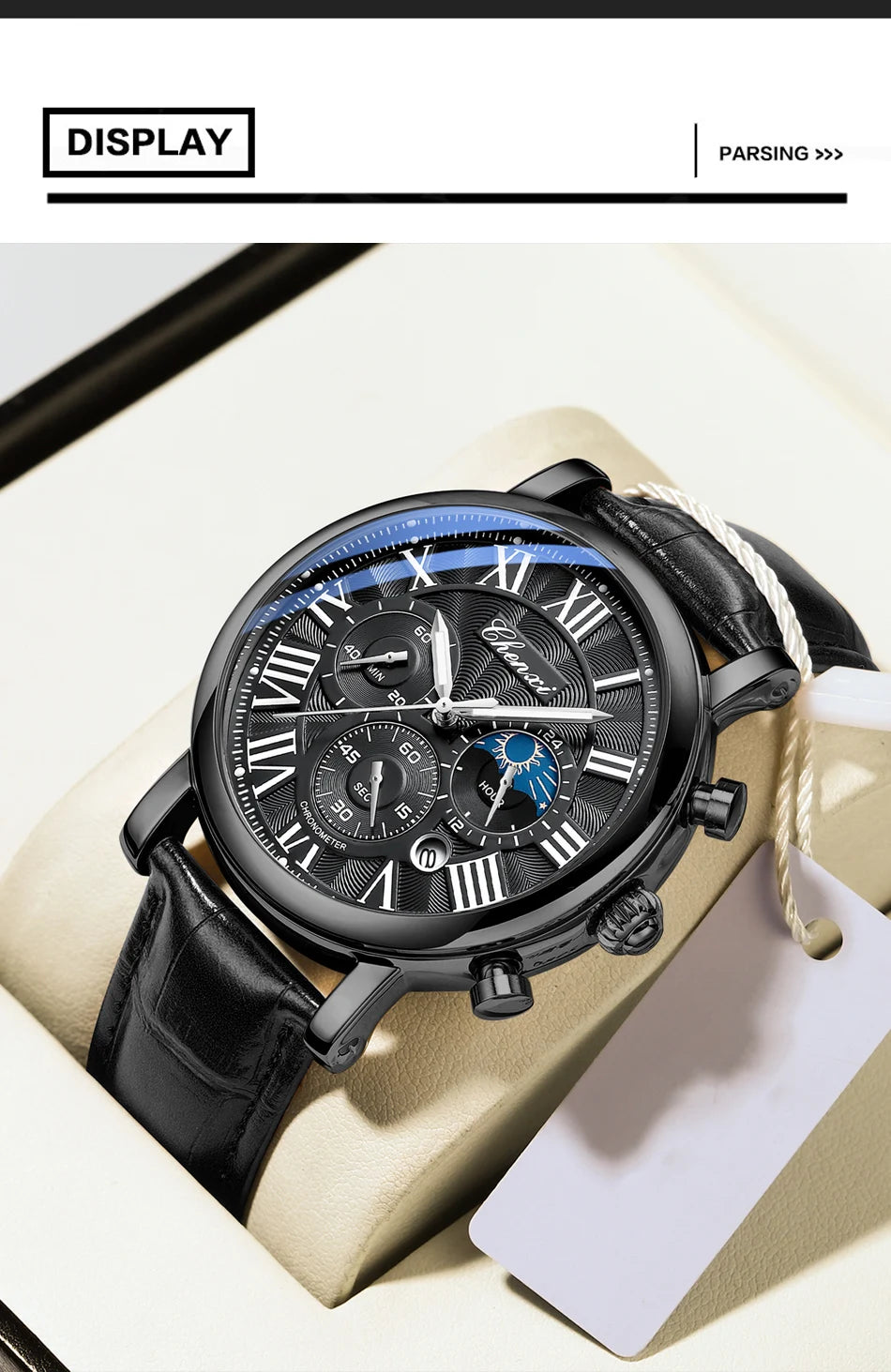 Leather Quartz Chronograph Watch – Men's Moon Phase Business Wristwatch