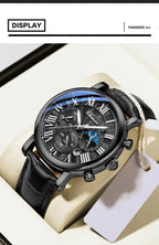 Leather Quartz Chronograph Watch – Men's Moon Phase Business Wristwatch