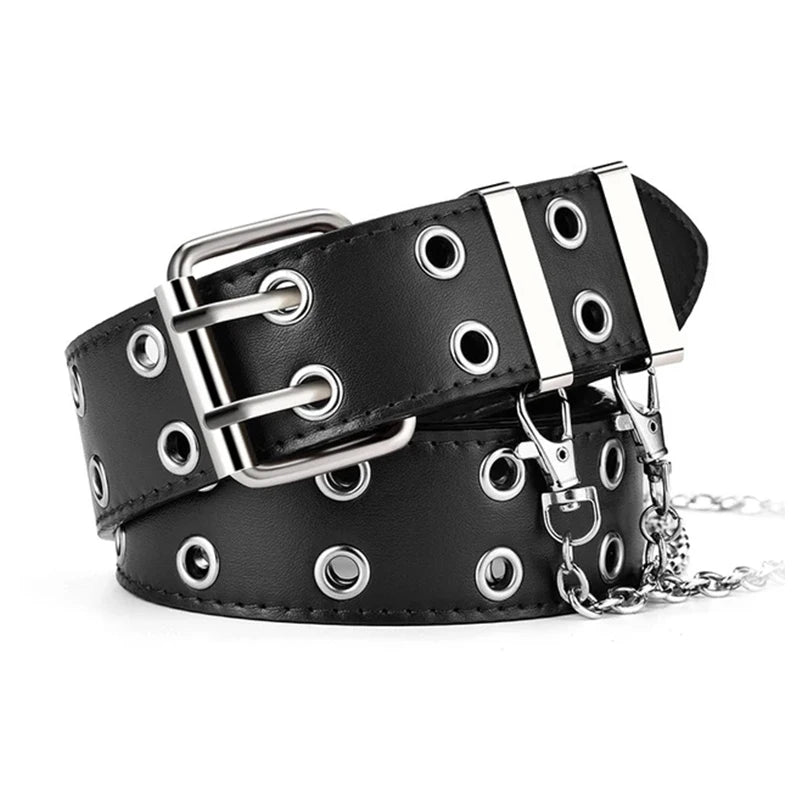 Double Hole Leather Belt – Large Size Y2K Punk Waistband for Men and Women