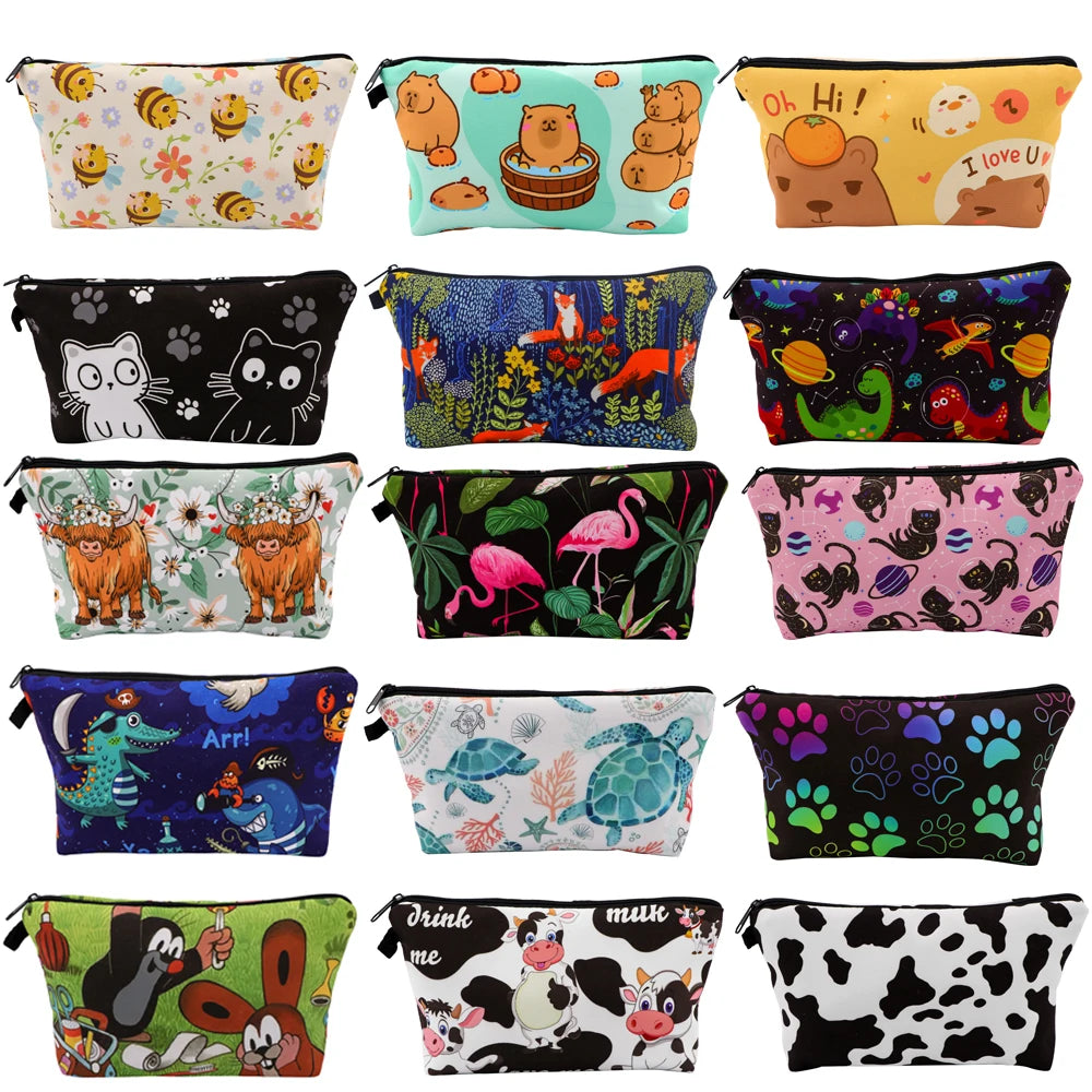 Large Animal Makeup Bag – Flamingo Cat Print Organizer for Travel Cosmetics