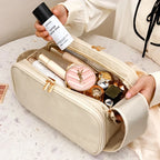 Large PU Leather Makeup Bag – Double Zipper Organizer for Travel Toiletries