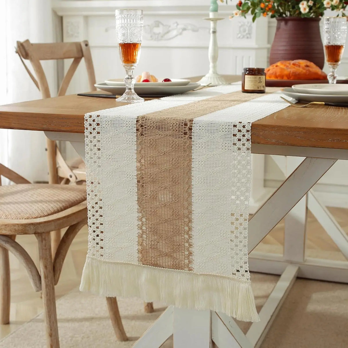 Boho Linen Table Runner – Rustic Macrame with Tassels for Farmhouse Decor