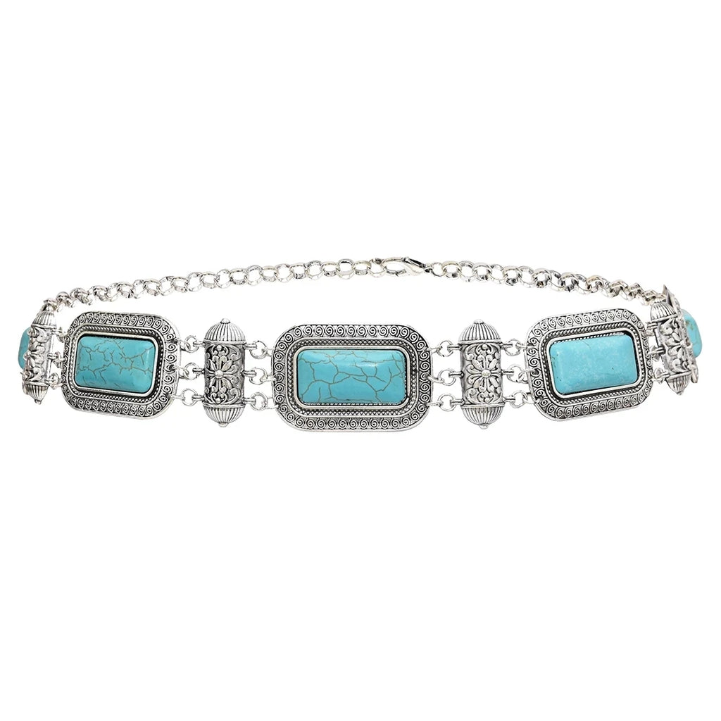 Silver chain belt with rectangular turquoise stones and intricate engraved detailing