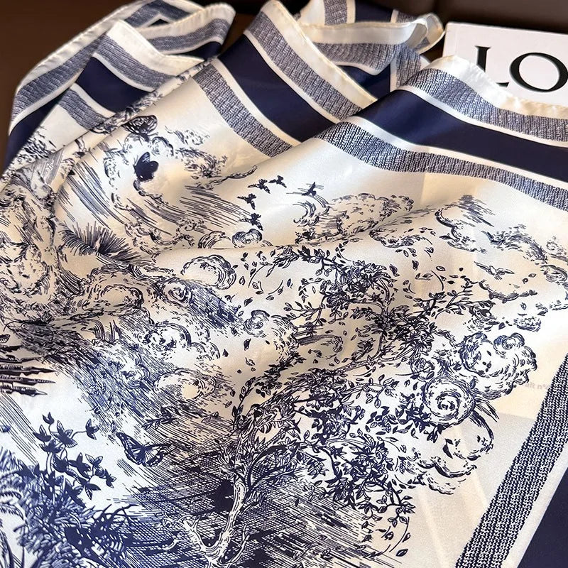 Floral Print Silk Square Scarf – Elegant Women Headwear and Accessory