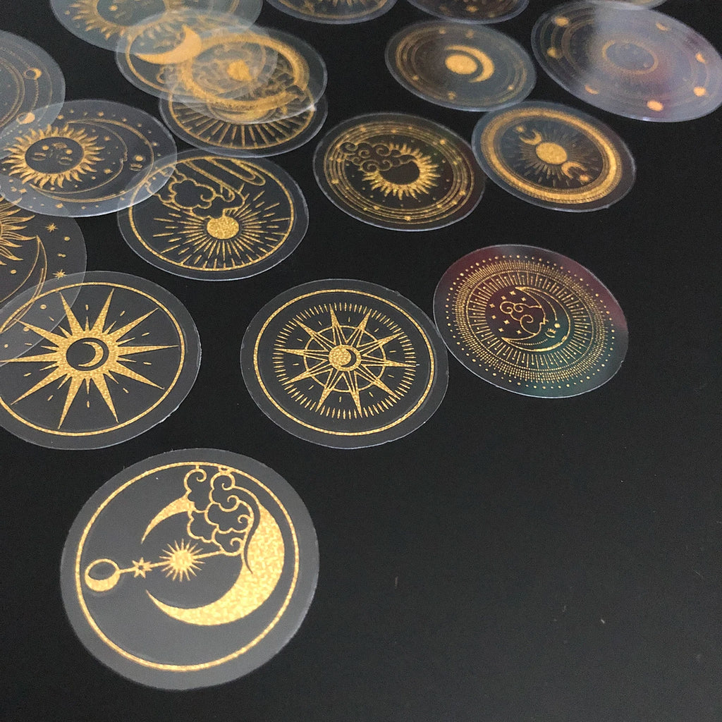 Glitter Gold PET Adhesive Stickers – Celestial Stars and Moon for Journaling