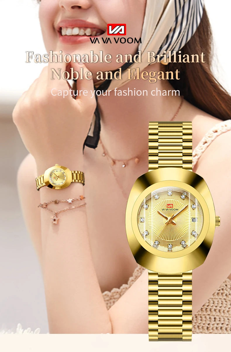 Oval Stainless Steel Women’s Watch – 34mm Gold Diamond Dress for Banquet