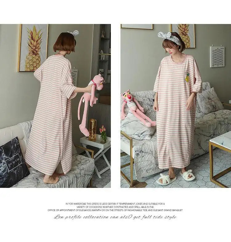 Plus Size Striped Pajama Dress – Short-Sleeved Cartoon Sleepwear for Women