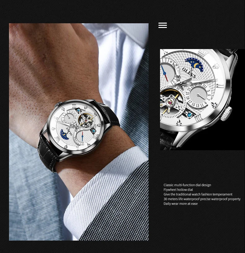 OLEVS Automatic Mechanical Watch – Leather Strap Flywheel for Business Casual