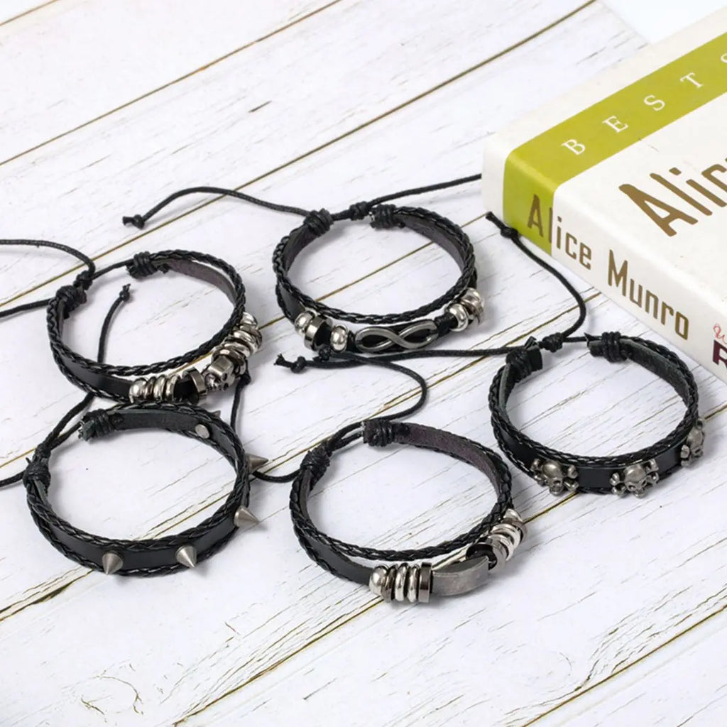 Braided Punk Leather Bracelet Set – Metal Bead Wristbands for Gothic Jewelry