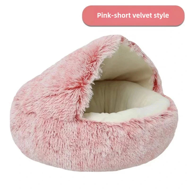 Semi-Enclosed Plush Pet Bed – Warm Winter Shell Nest for Cats and Small Dogs