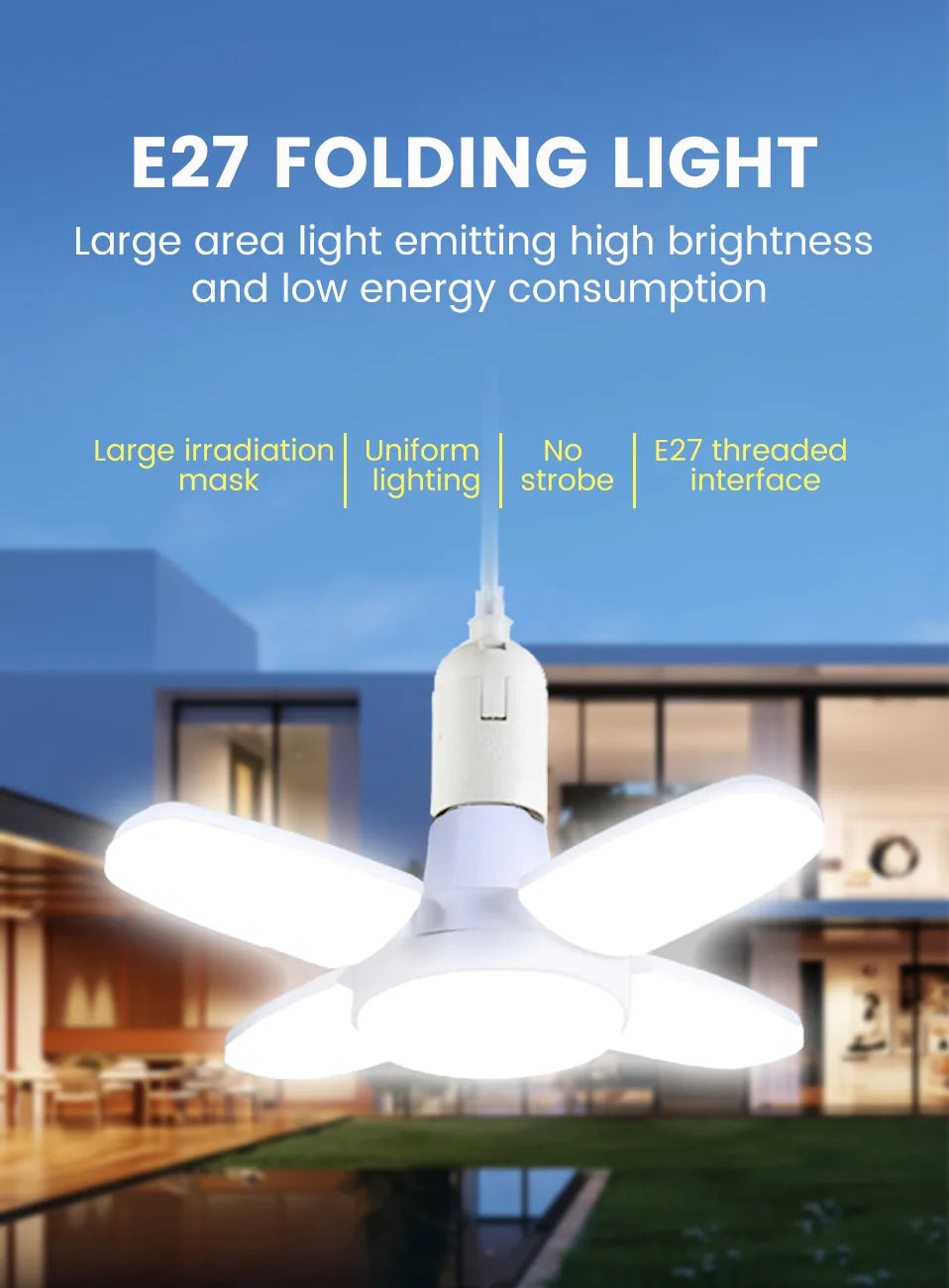 Foldable LED Fan Bulb – Adjustable 28W Ceiling Light for Garage and Warehouse
