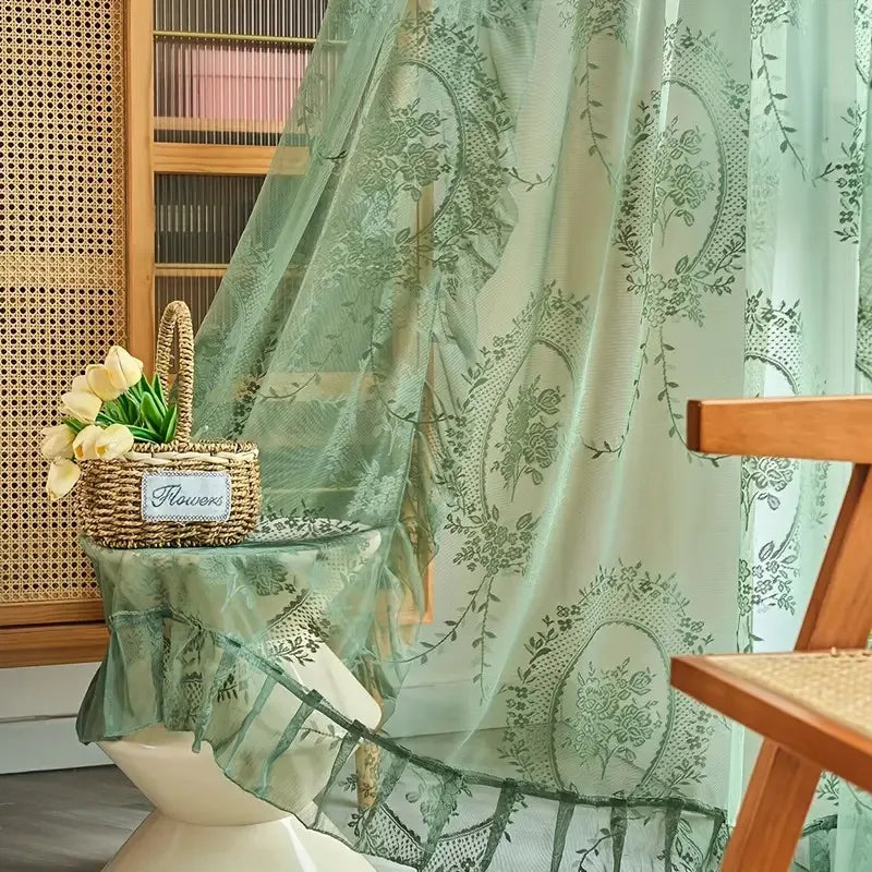 Floral Ruffled Tulle Curtain – Sheer Jacquard Lace Drapes for Living Room