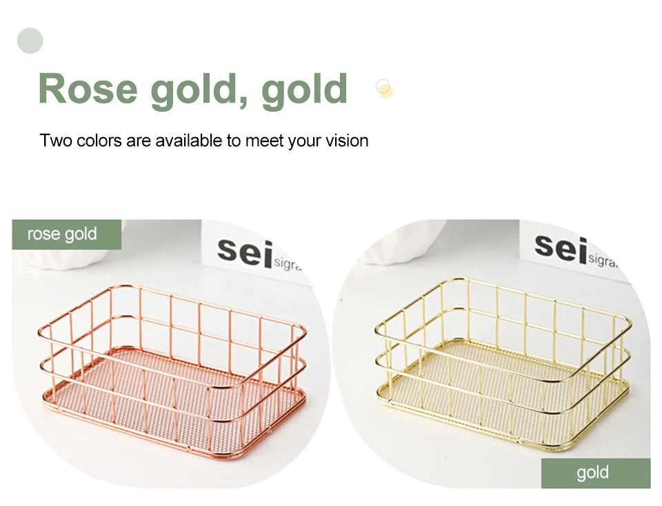 Gold Iron Storage Basket – Geometric Desktop Organizer for Makeup Brushes