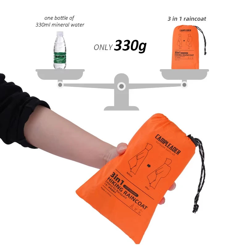 3-in-1 Waterproof Rain Poncho – Hooded Rainwear for Camping and Hiking