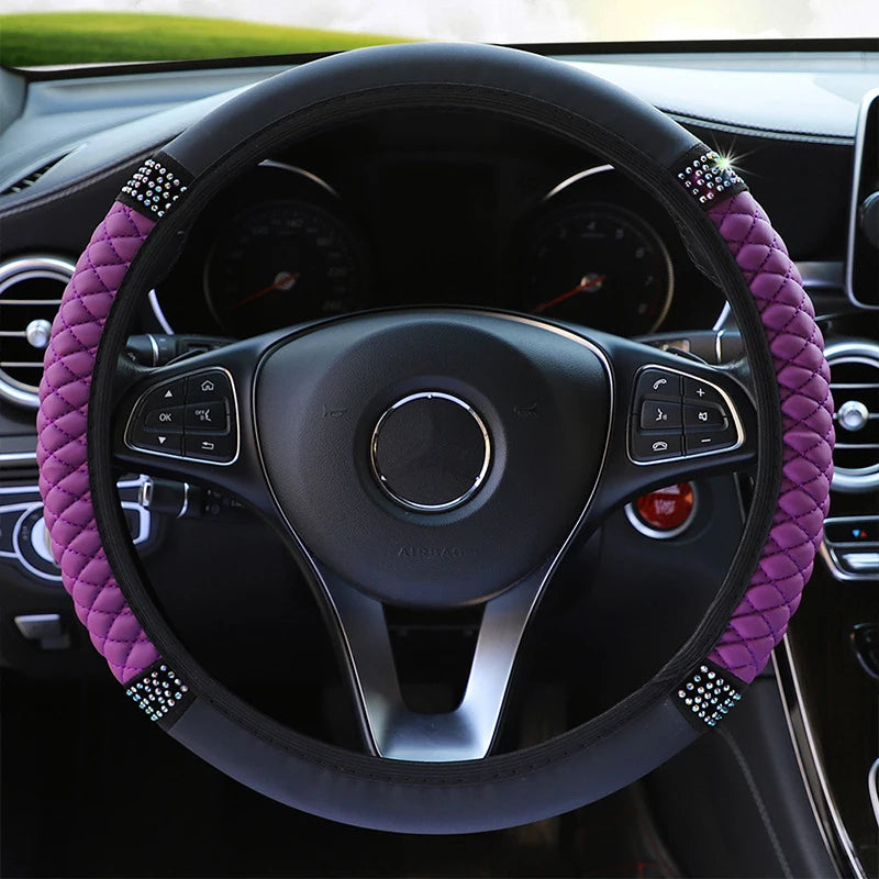 Embroidered Diamond Steering Wheel Cover – Universal Leather for Car Interior