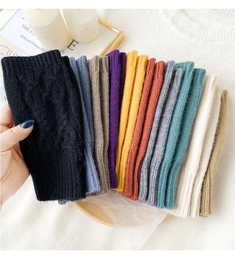 Soft Wool Half Finger Gloves – Warm Knit Arm Mittens for Winter Outdoor