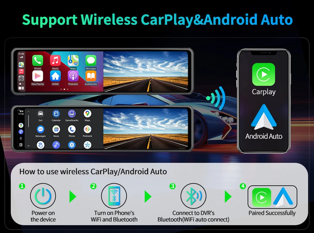 12-Inch 4K Mirror Dash Cam – Wireless CarPlay Android Auto for Car Navigation