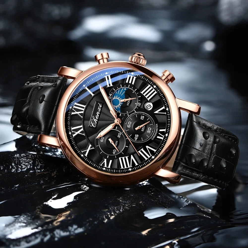Leather Quartz Chronograph Watch – Men's Moon Phase Business Wristwatch