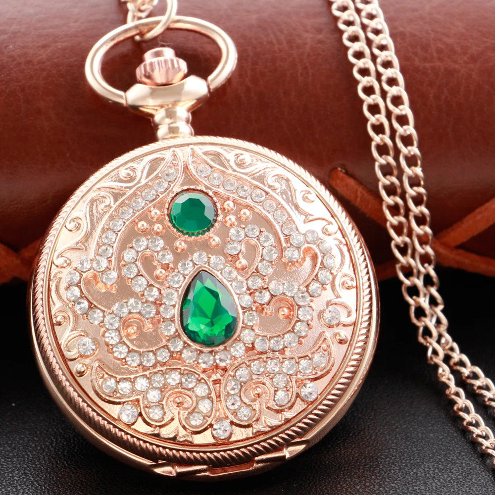 Emerald Diamond Pocket Watch Necklace – Luxury Gold Pendant for Gift