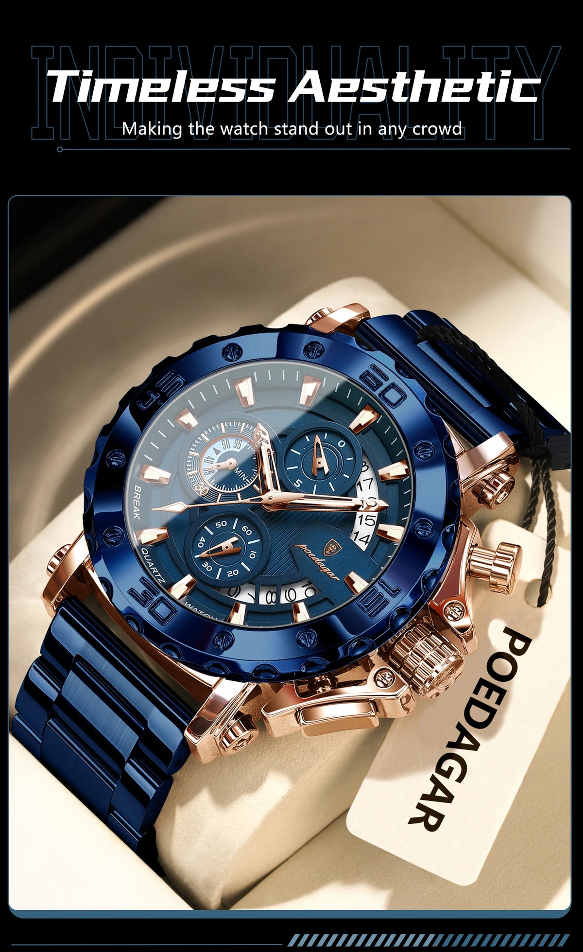 Stainless Steel Chronograph Watch – Luminous Waterproof Quartz for Men