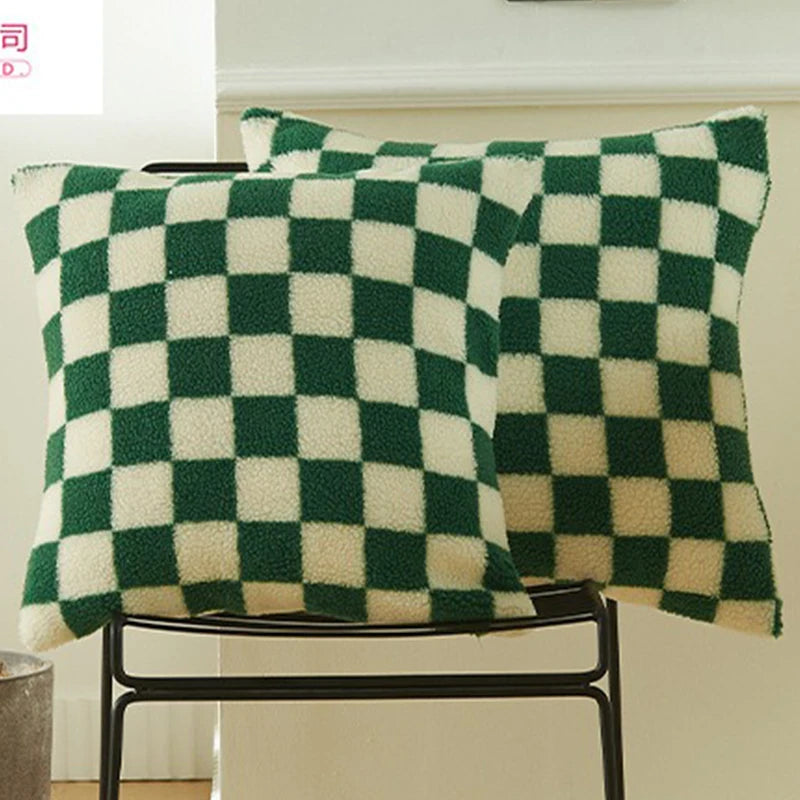 Black Faux Fur Throw Pillow Cover – Checked Wool Cushion for Sofa Decor