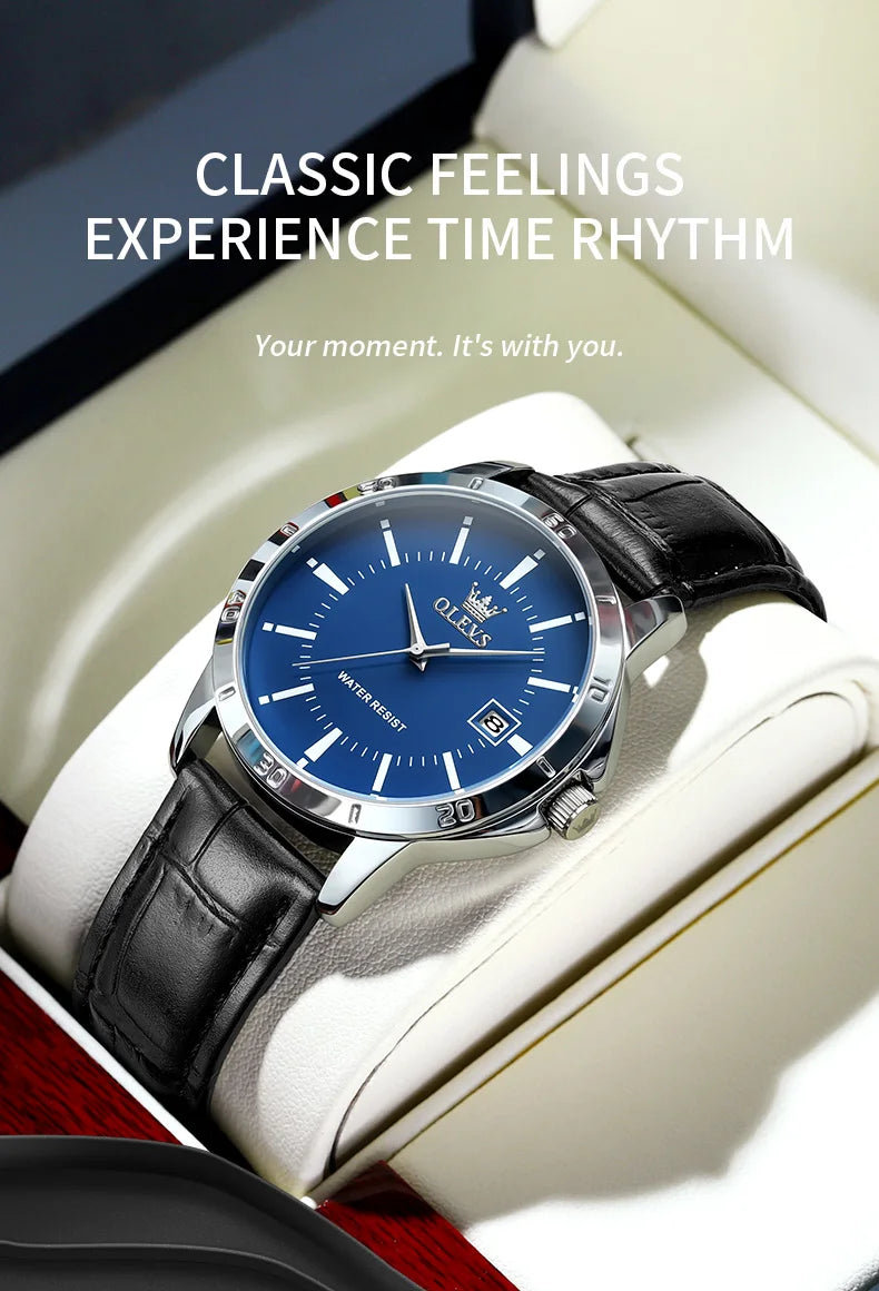 OLEVS Quartz Wristwatch – Leather Strap Classic Date for Men's Business