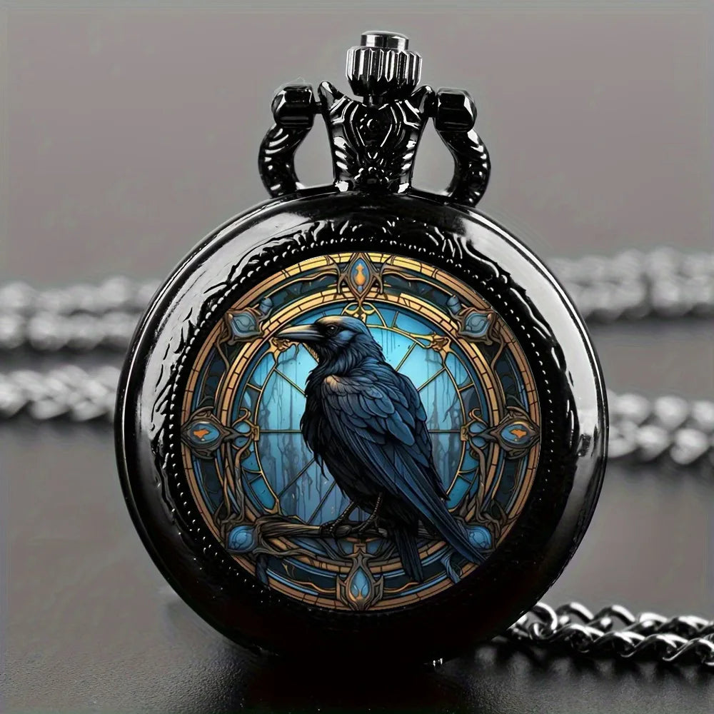 Clever Crow Pocket Watch – Vintage Quartz Necklace for Kids Gift