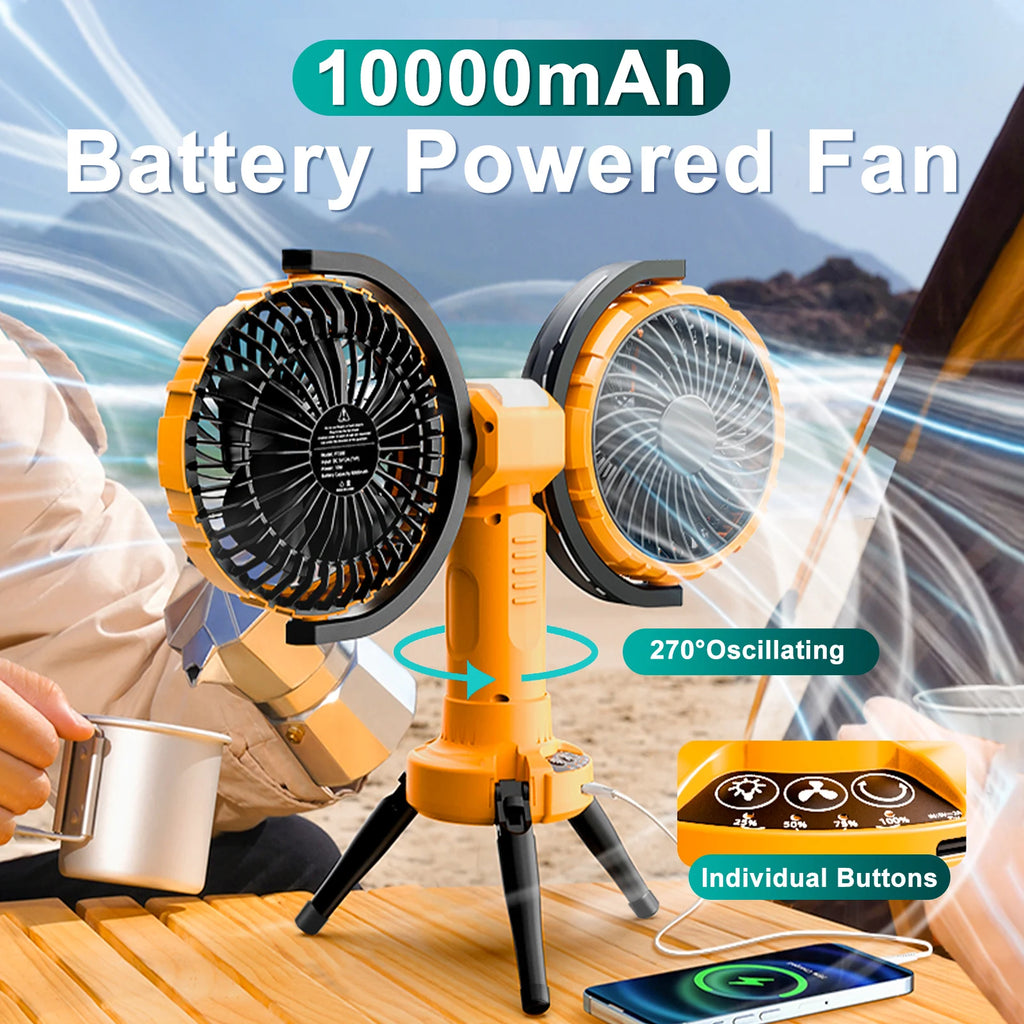 Portable Camping Fan – Dual Head Battery Powered Air Cooler for Outdoor Tents
