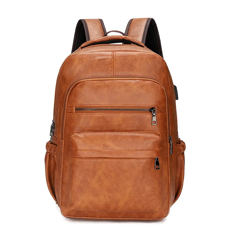 PU Leather USB Charging Laptop Backpack – Large Travel Bag for Men and Students