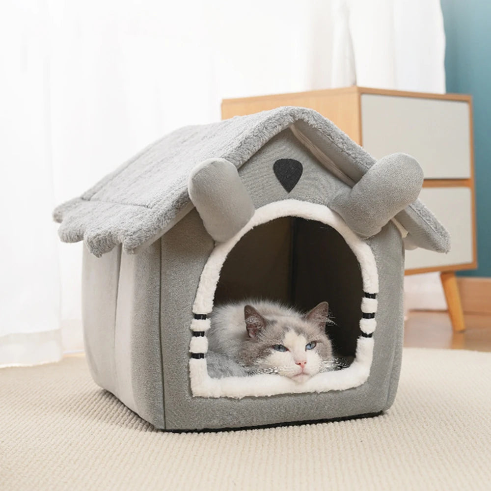 Detachable Gray Cat House – Semi-Enclosed Washable Shelter for Winter