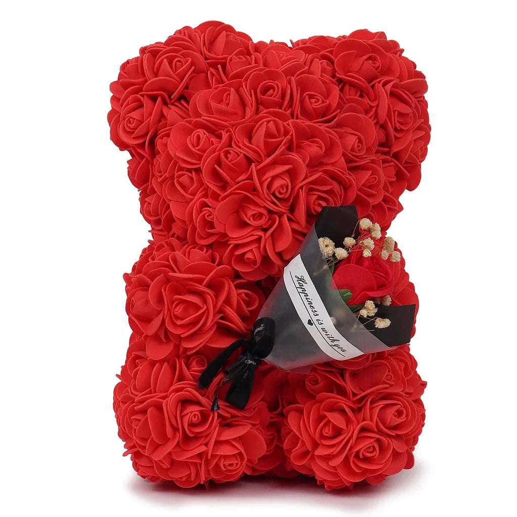 Artificial Rose Teddy Bear – 25cm Flower Figurine for Anniversary Gifts