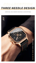 Square Leather Chronograph Watch – Waterproof Quartz Timepiece for Men