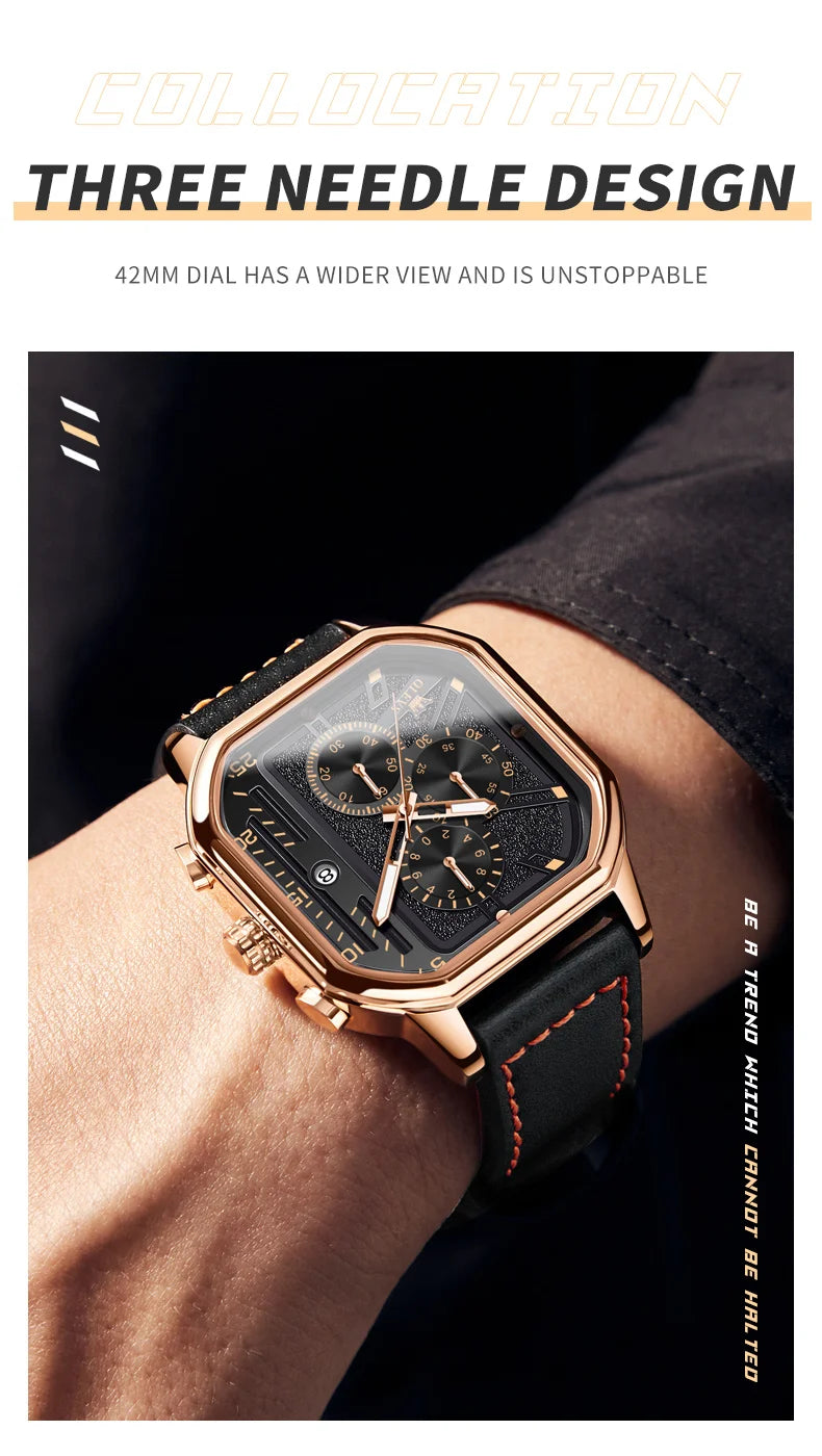 Square Leather Chronograph Watch – Waterproof Quartz Timepiece for Men