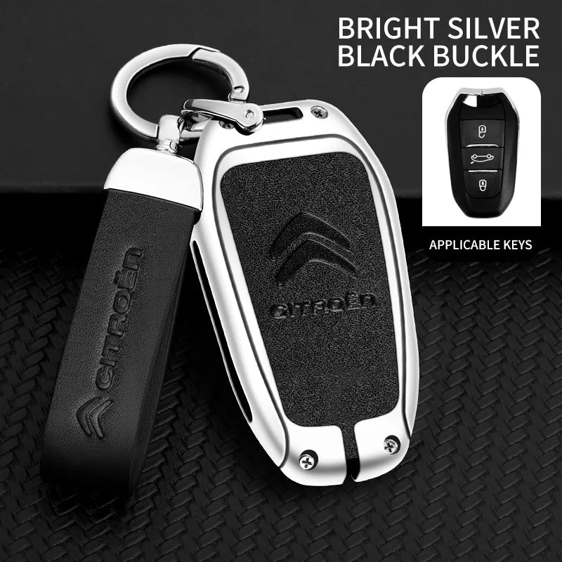 Zinc Alloy Leather Car Key Case – Protective Remote Cover for Citroen Models