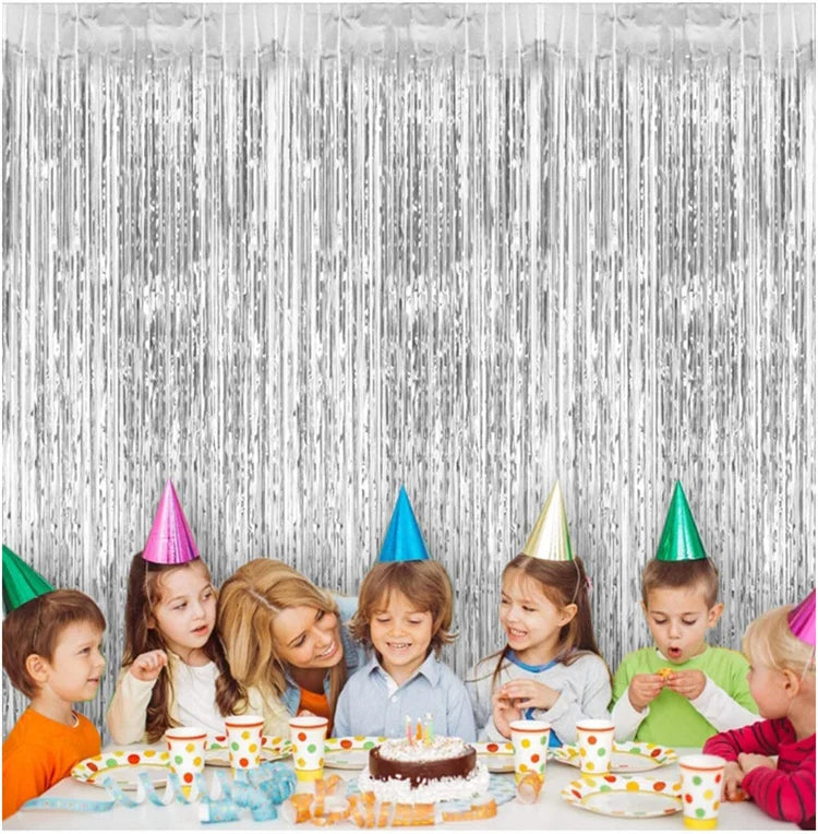 Metallic Foil Tinsel Fringe Curtains – Silver Backdrop for Party Decoration