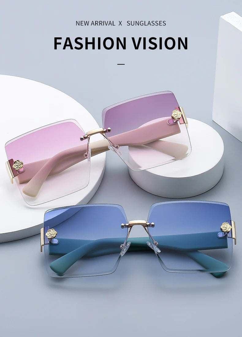 Oversized Rimless Square Sunglasses – Gradient Fashion Eyewear for Women