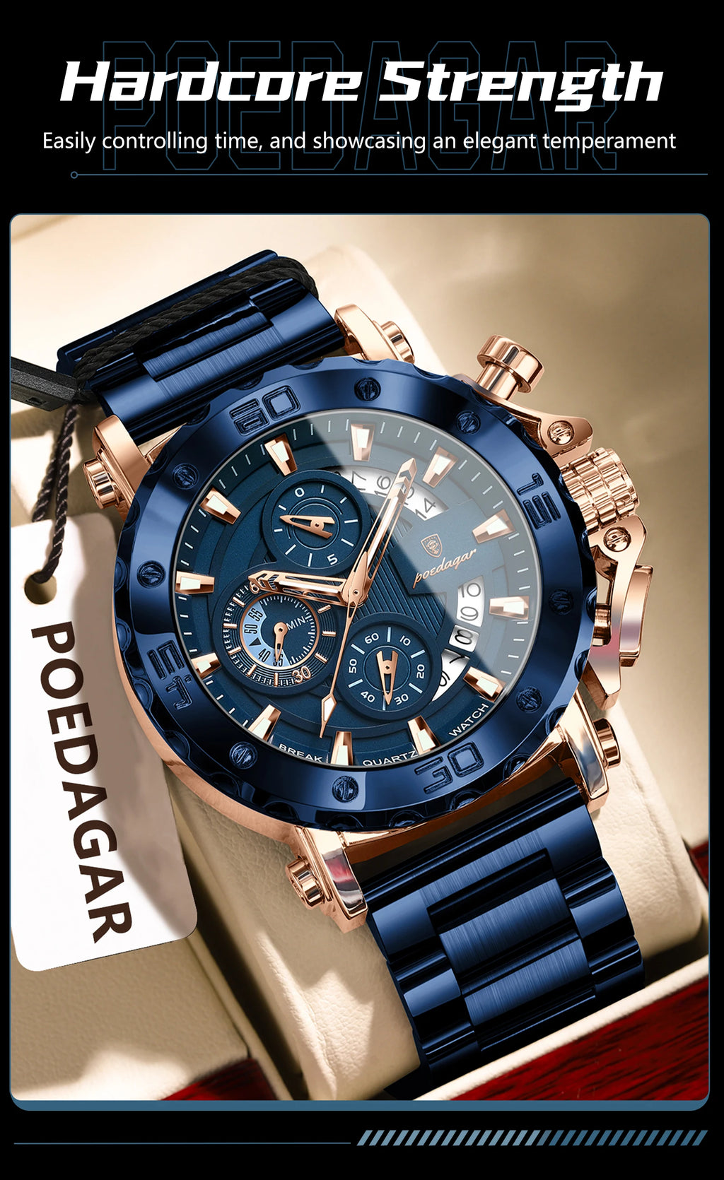 Stainless Steel Chronograph Watch – Luminous Waterproof Quartz for Men