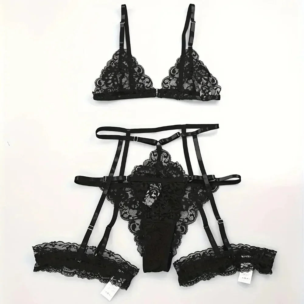 Transparent Lace Lingerie Set – Sexy 3 Piece Sleepwear for Women