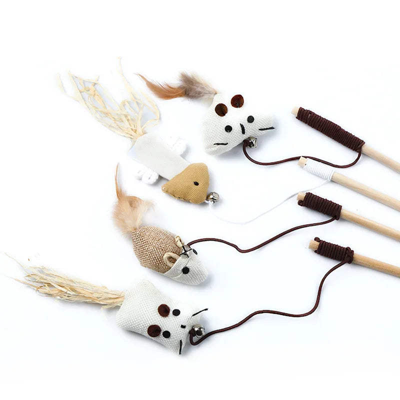 Colorful Feather Wand Toy – Interactive Wooden Rod for Cat Exercise