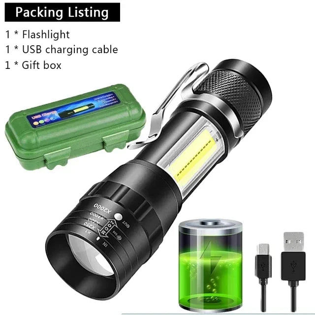 USB Rechargeable Mini Flashlight – Zoomable COB Torch for Camping and Emergency