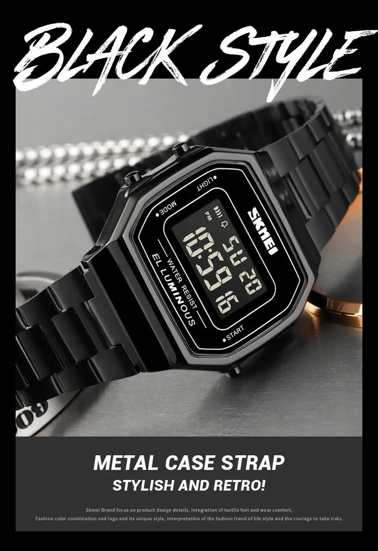 Retro LED Digital Watch – Stainless Steel Wristwatch for Men