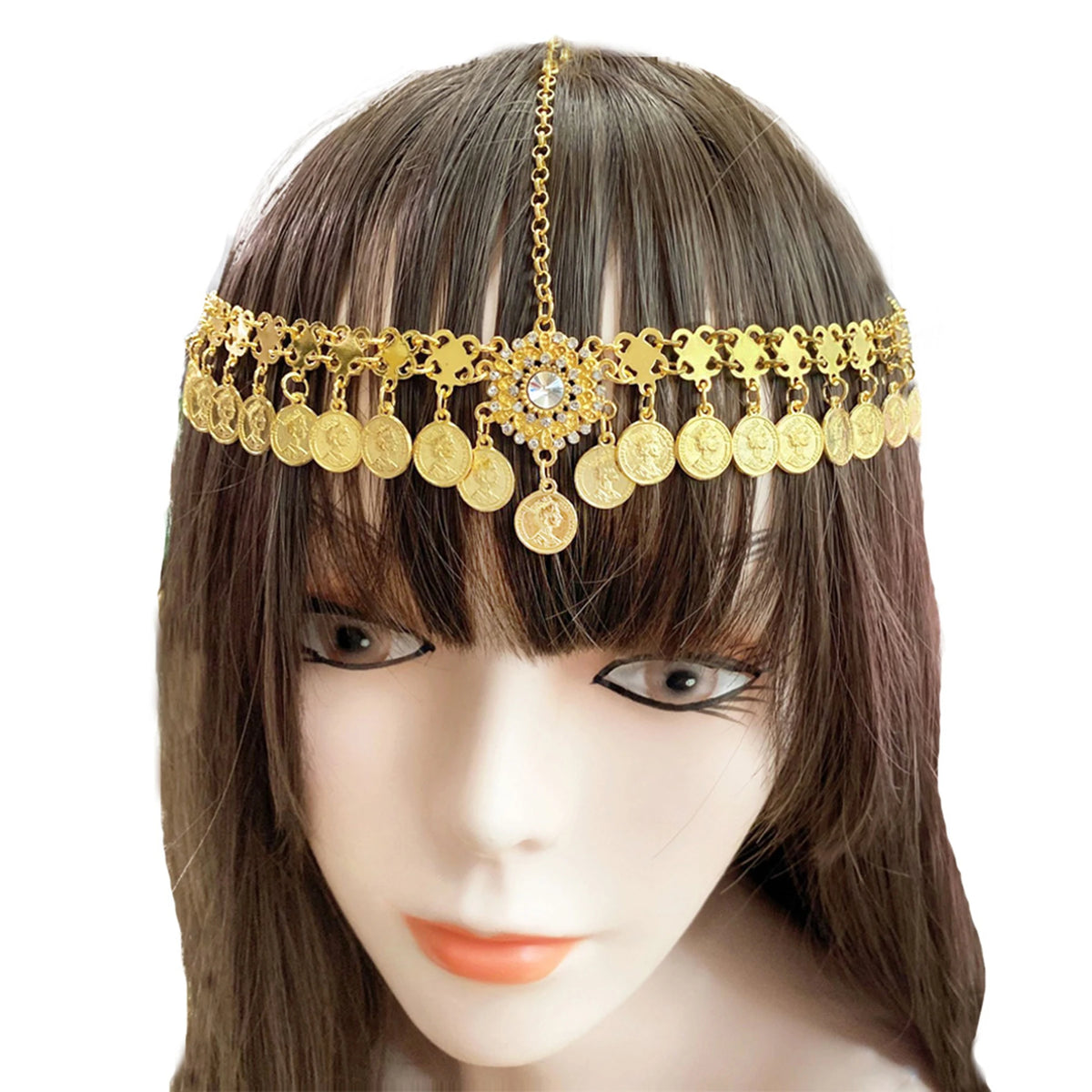 Gold coin headpiece with central jewel on mannequin, boho or festival style accessory