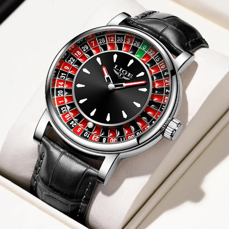 LIGE Roulette Quartz Watch – Luxury Leather Wristwatch for Men Gifts